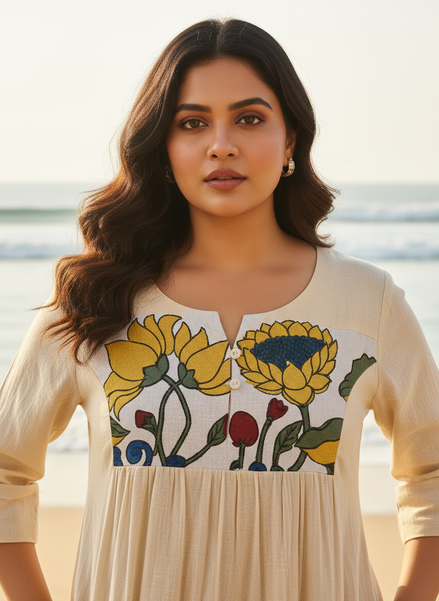 Cotton Dress with Hand-Painted Kalamkari Yoke