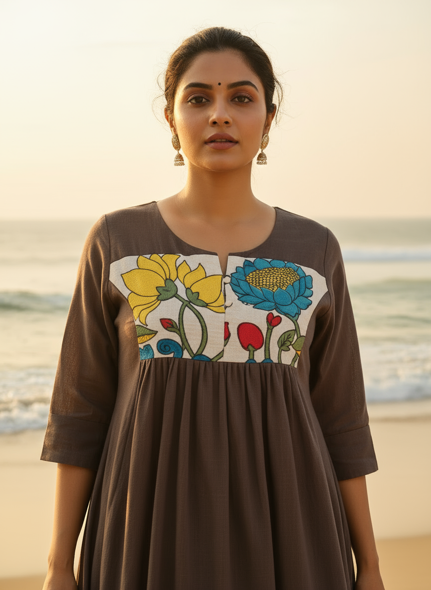 Cotton Dress with Hand-Painted Kalamkari Yoke