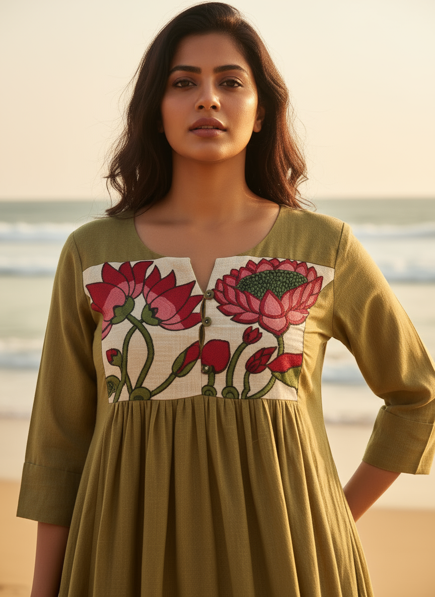 Cotton Dress with Hand-Painted Kalamkari Yoke