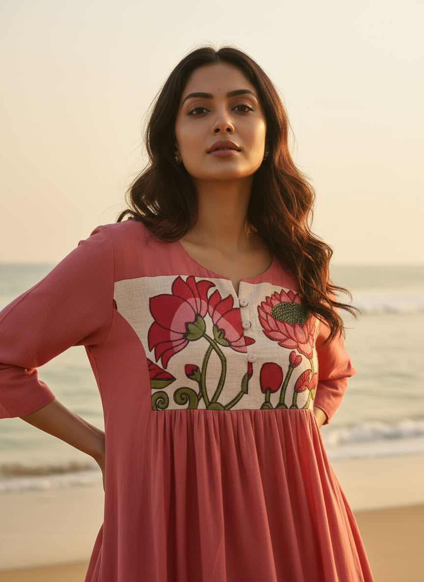 Cotton Dress with Hand-Painted Kalamkari Yoke