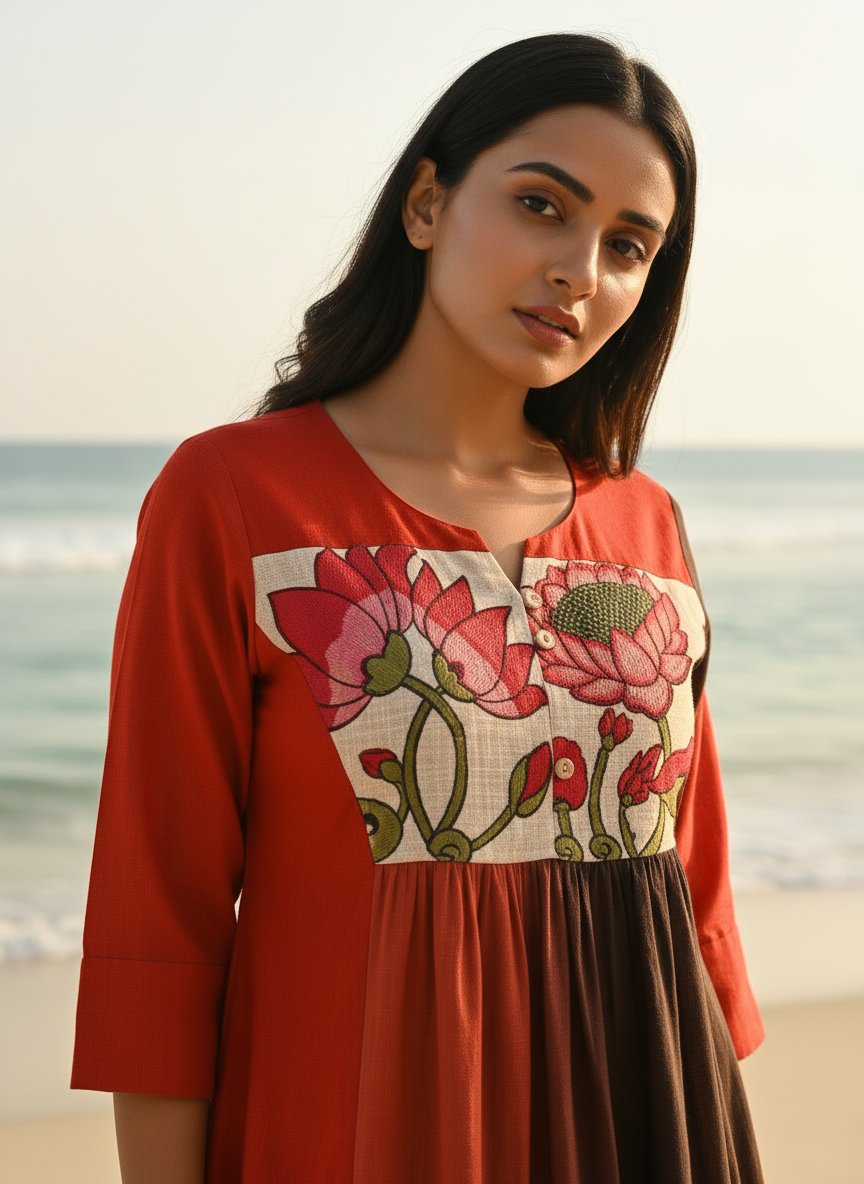 Ombré Cotton Dress with Hand-Painted Kalamkari Yoke