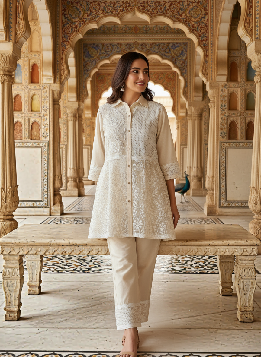 Off-White Cotton Co-ord set with thread and sequence work.