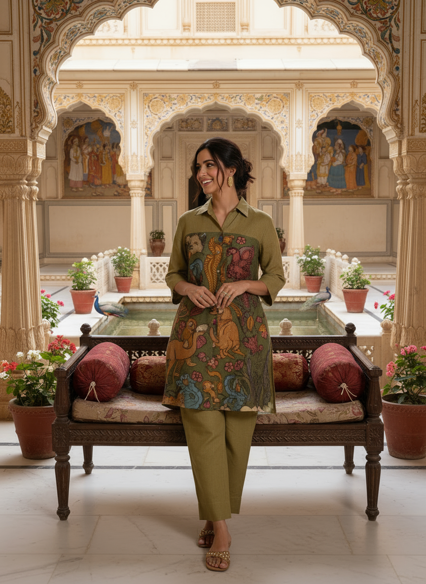 Olive Green Artisanal Folk Art Kurta Set With Pants
