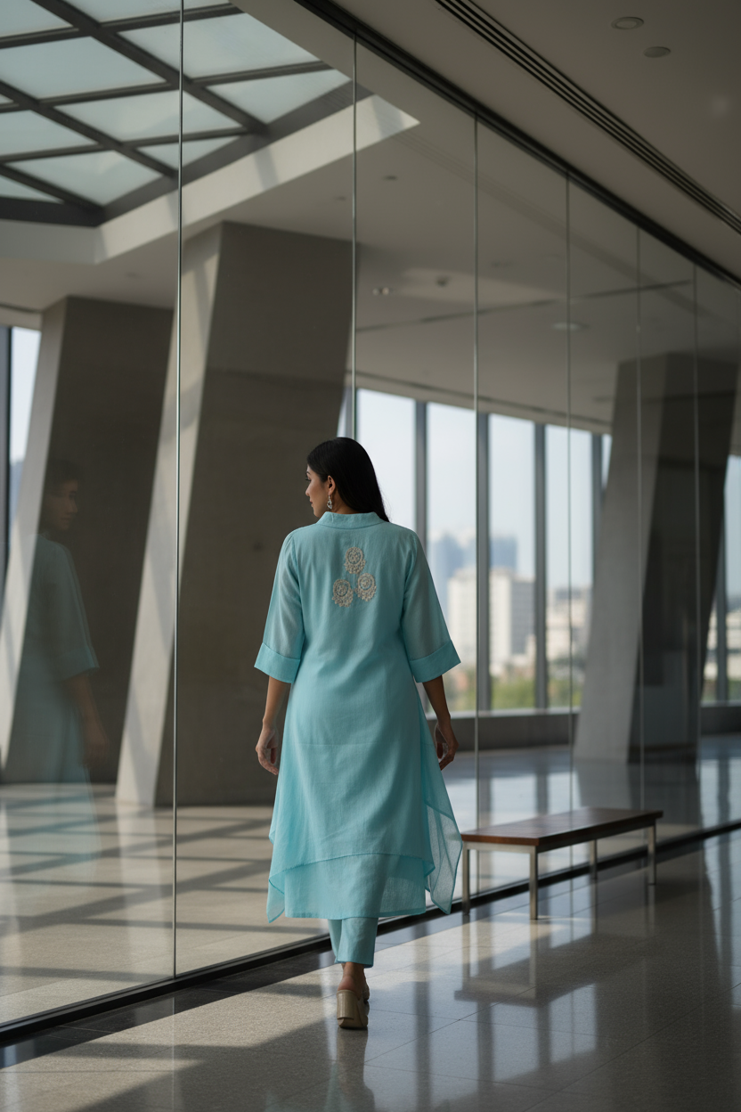 Blue Asymmetrical Kurti with Lace Appliqué