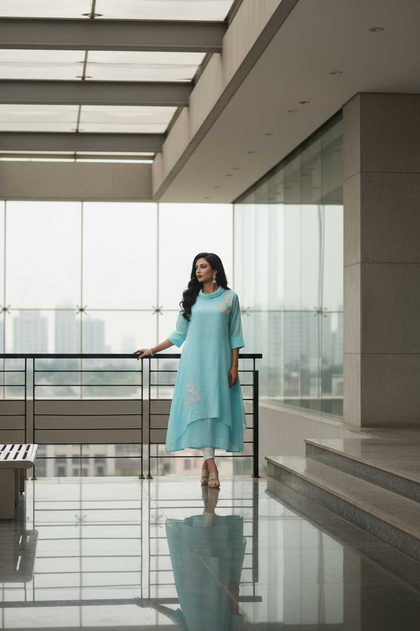 Blue Asymmetrical Kurti with Lace Appliqué