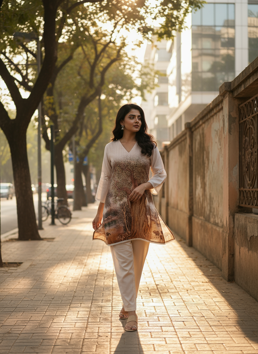 Ivory & Ochre Abstract Print Tunic With Pants