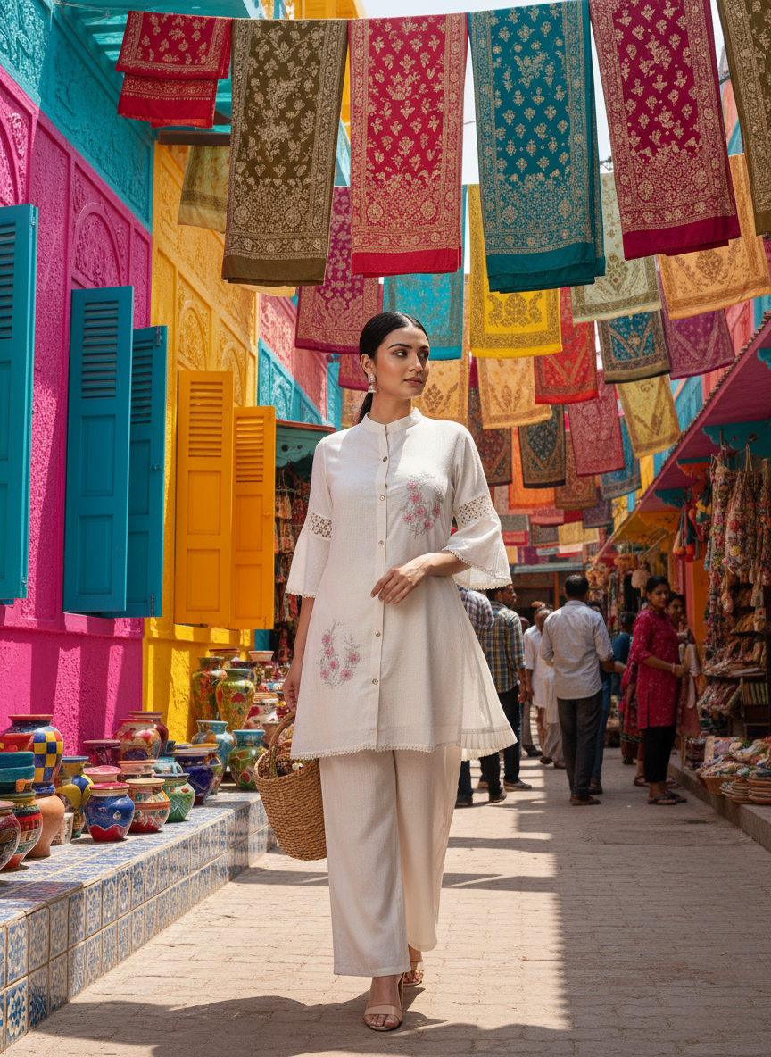 Elegant Ivory Tunic with Floral Embroidery