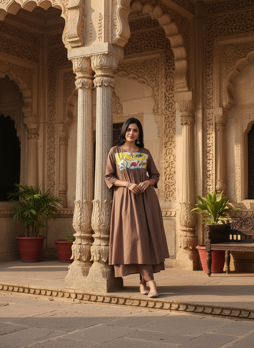 Brown Anarkali with Floral Yoke