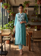 Aqua Green Dual-Tone Cotton Kurti with Floral Embroidered Yoke