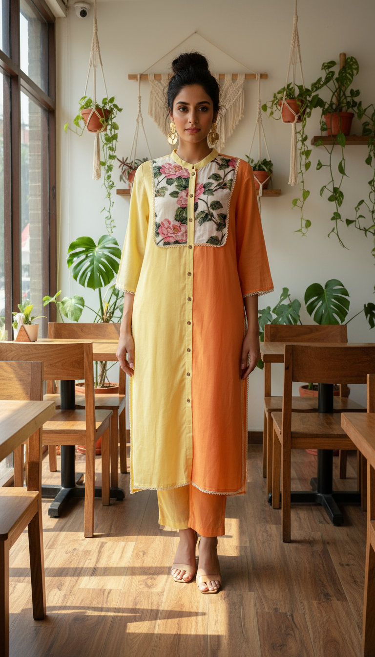 Dual Tone Yellow-Orange Cotton Kurti with Floral Embroidery