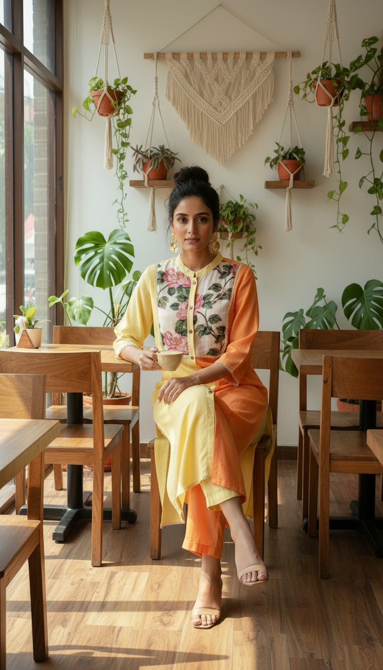 Dual Tone Yellow-Orange Cotton Kurti with Floral Embroidery