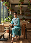 Aqua Green Dual-Tone Cotton Kurti with Floral Embroidered Yoke