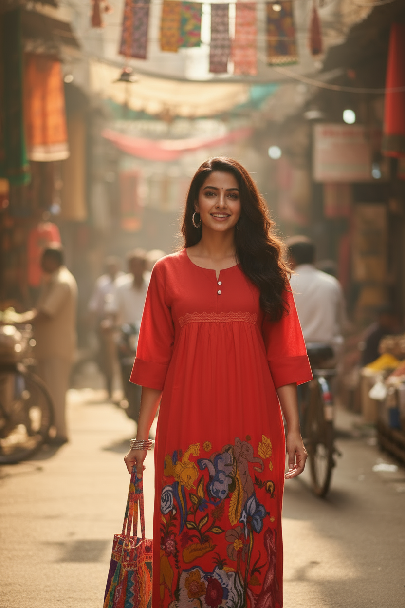 Red Floral Printed Kurti with Lace Detailing