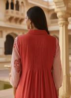 Pink & Red Ombre Rose Print Cotton Dress with Pleated Yoke & Shirt Collar