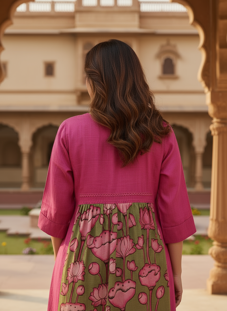 Magenta Dress With Olive Green Kalamkari