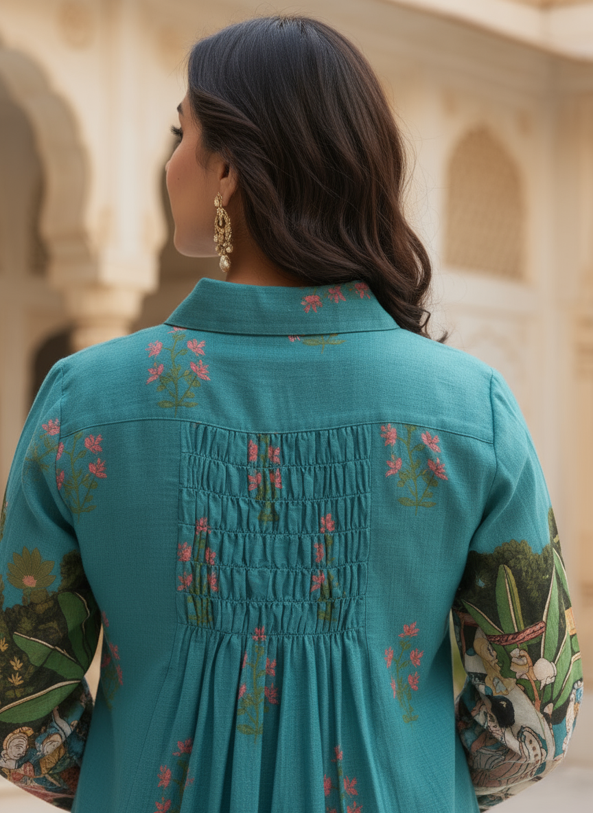 Teal cotton collared printed dress with pintuck detailing