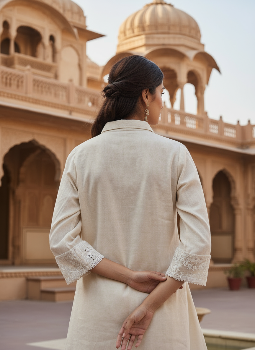 White Cotton Angrakha Style Kurti Set With Pant