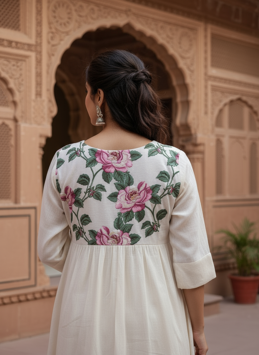 Ivory Kurti with Floral Embroidered Yoke