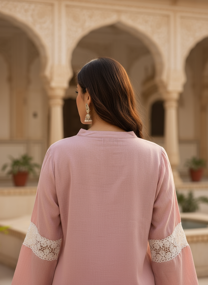 Pink Floral Embroidered Kurta Set With Pants
