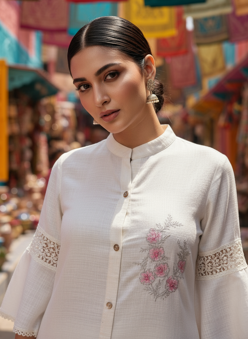 Elegant Ivory Tunic with Floral Embroidery