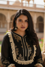 Black Cotton Dress With Silver Patti Appliqué.