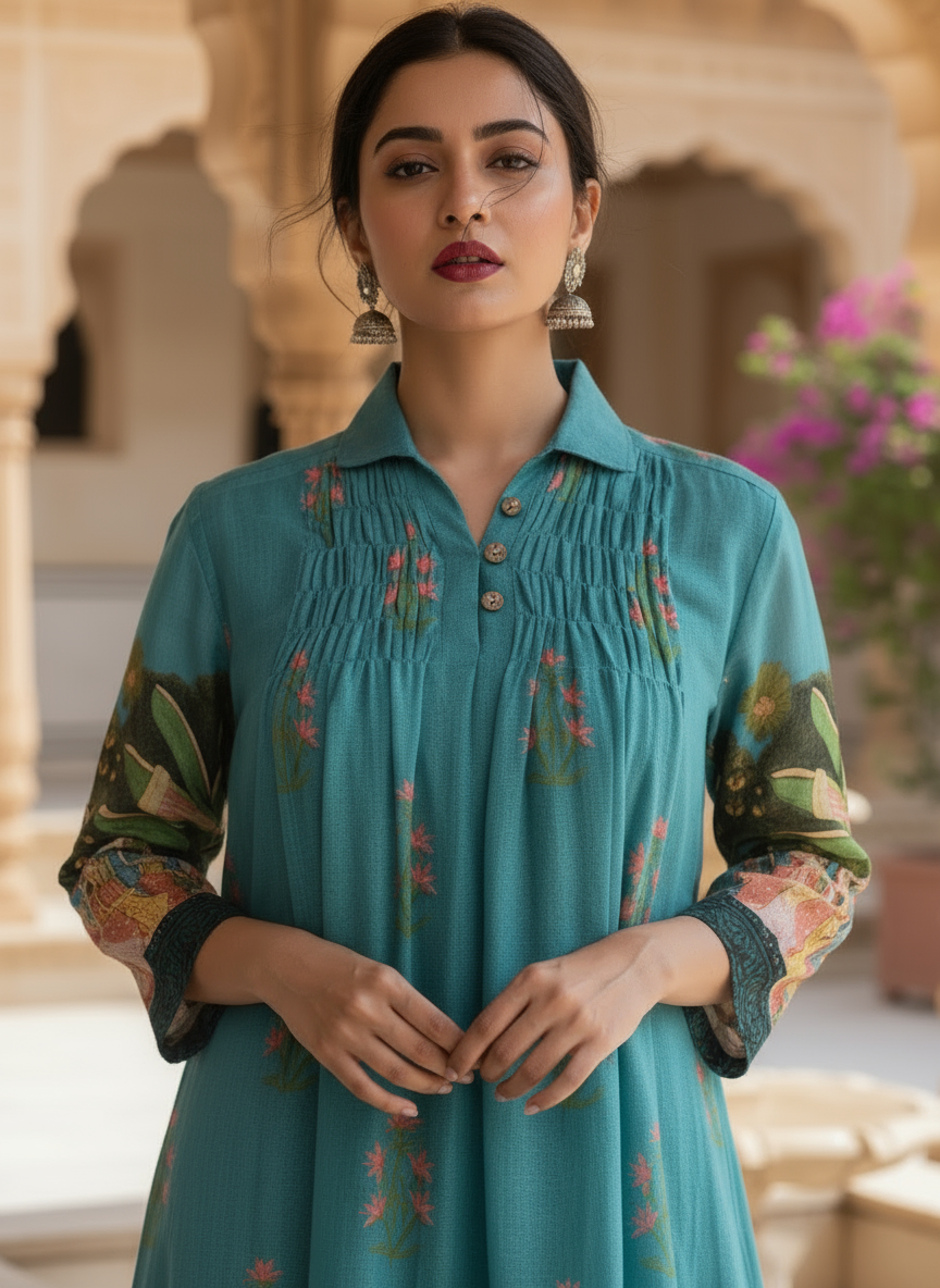 Teal cotton collared printed dress with pintuck detailing