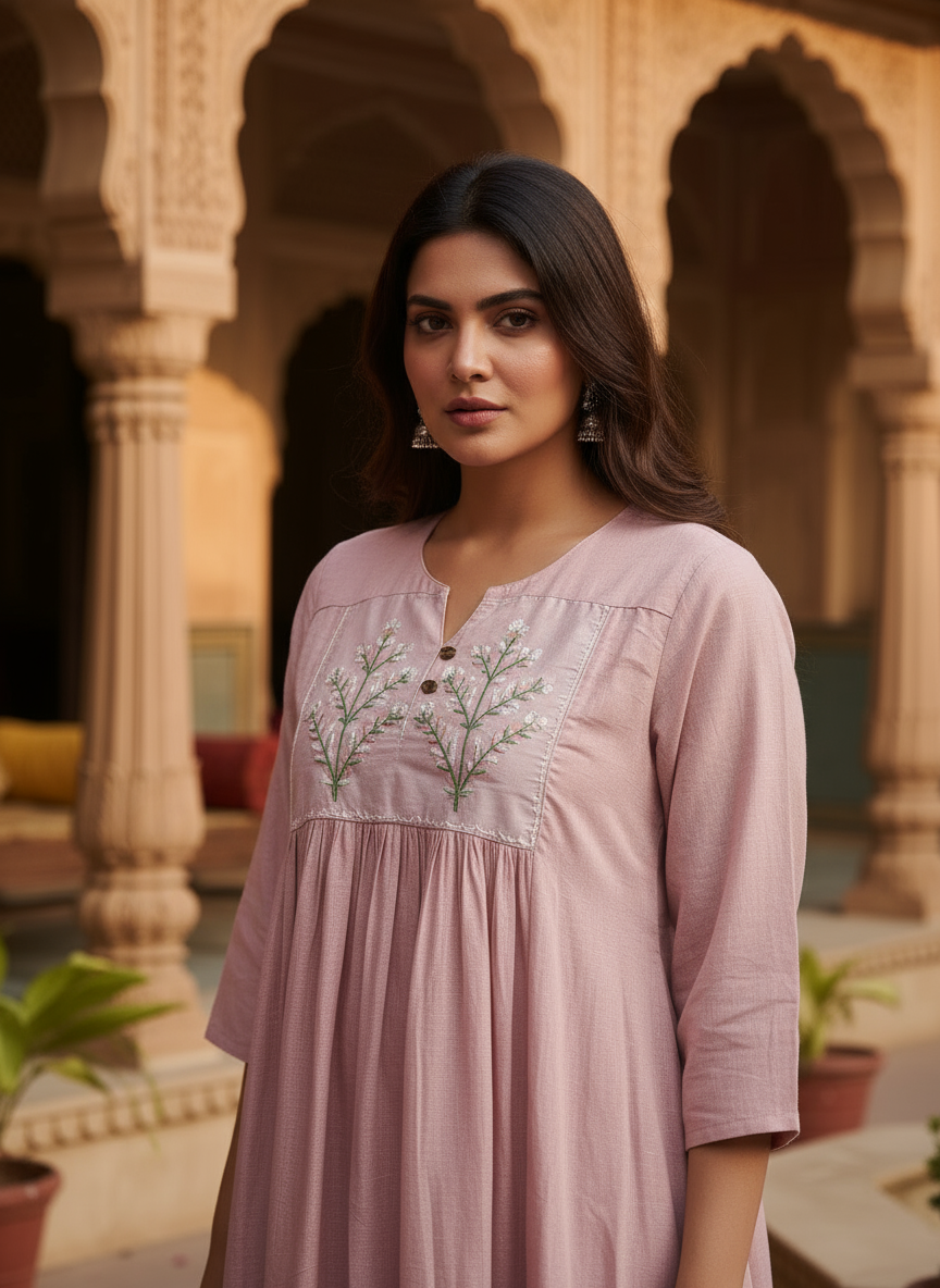 Lilac Organza Dress With Yoke Embroidery