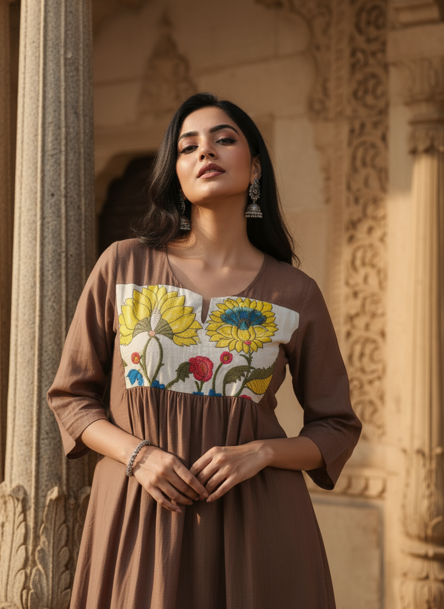 Brown Anarkali with Floral Yoke