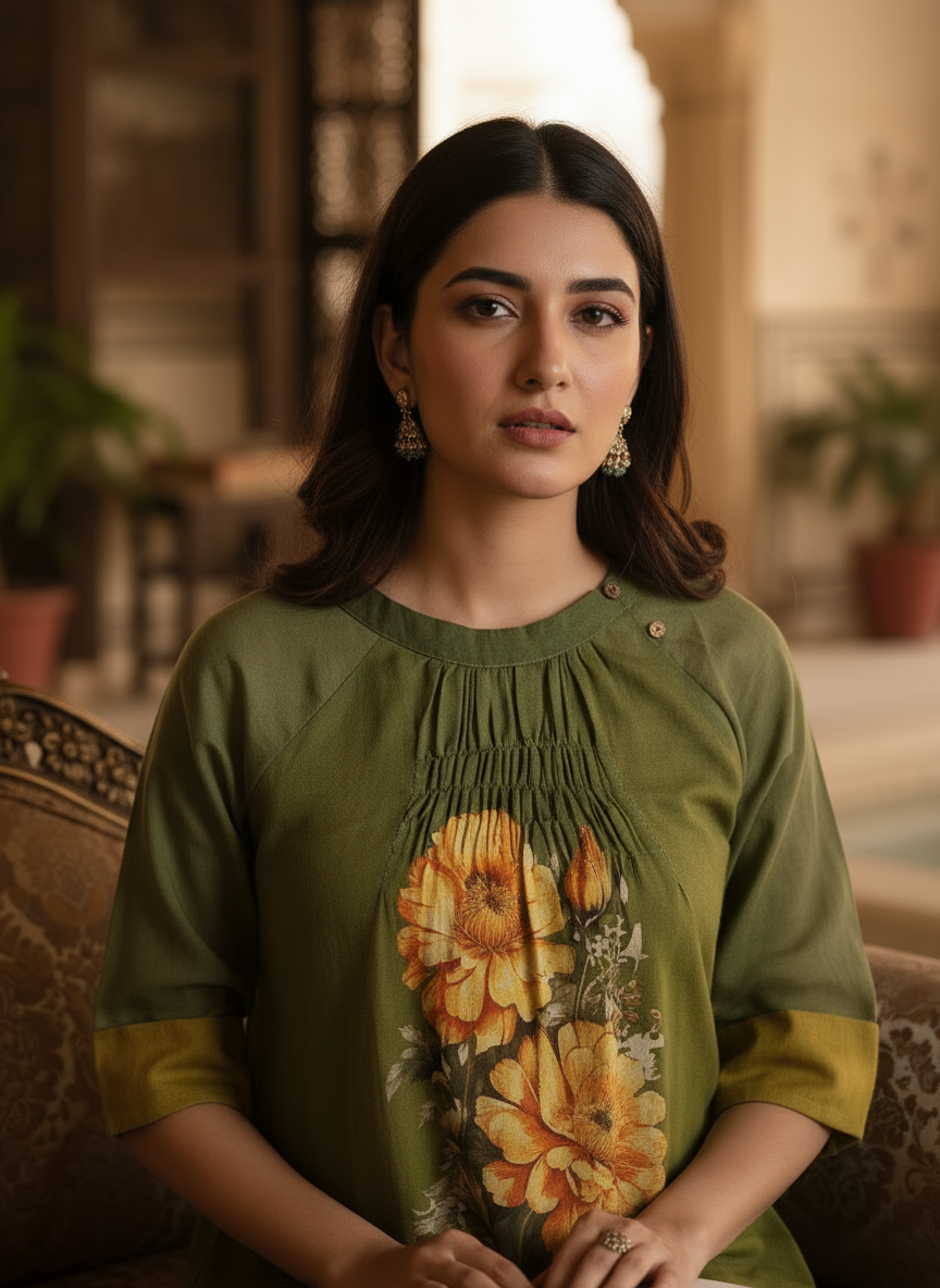 Golden Bloom Olive Green Floral Short Top