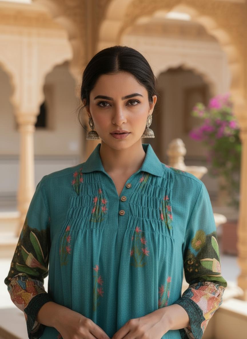 Teal cotton collared printed dress with pintuck detailing