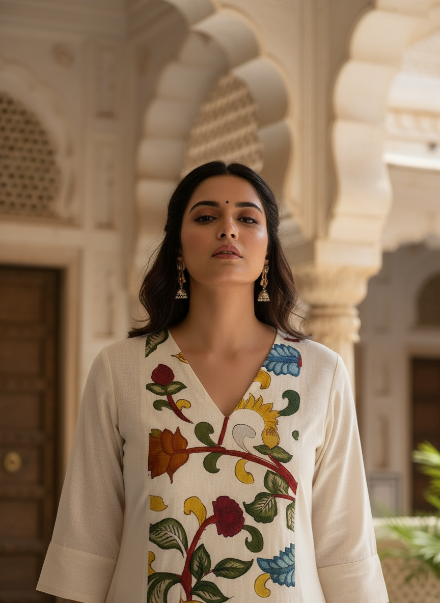 Ivory Kanchipuram Kalamkari Kurta