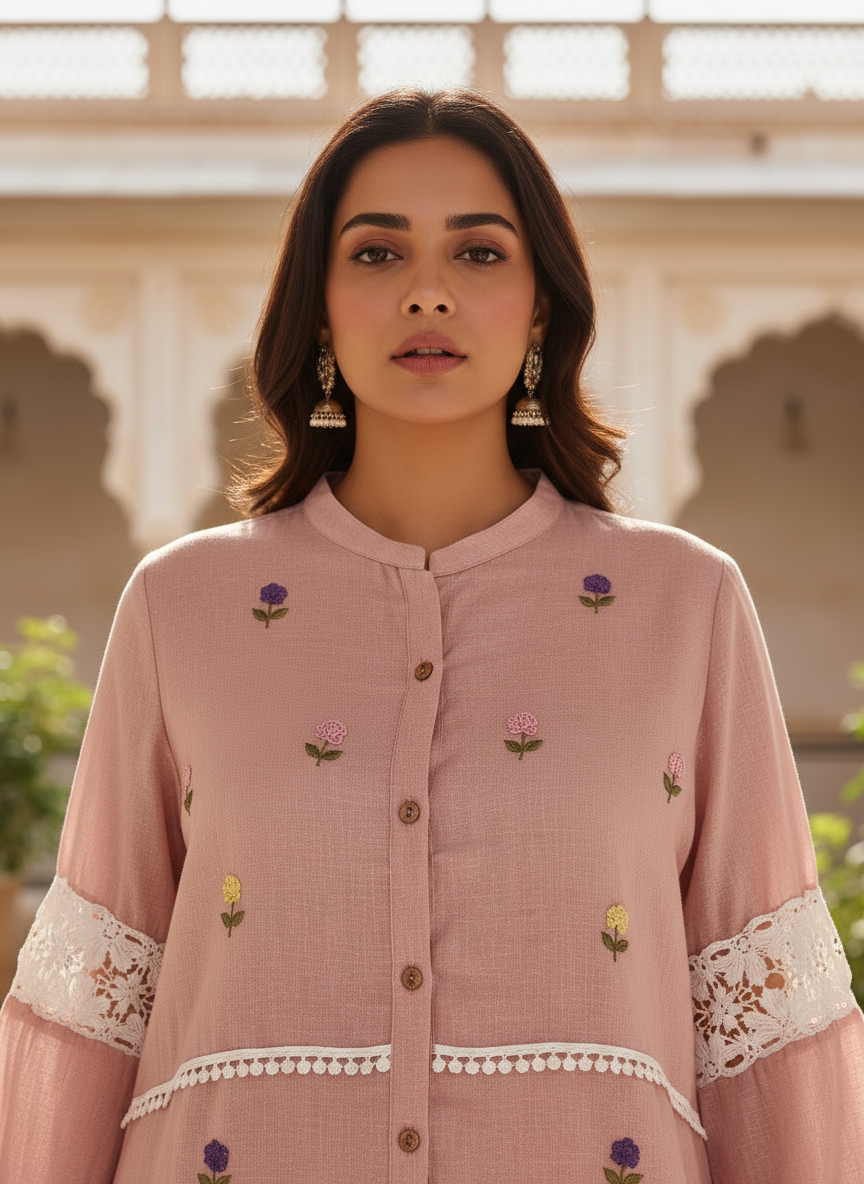 Pink Floral Embroidered Kurta Set With Pants