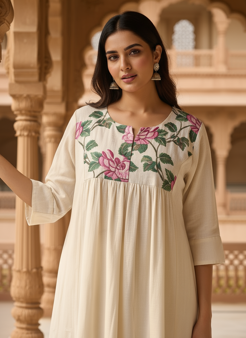 Ivory Kurti with Floral Embroidered Yoke