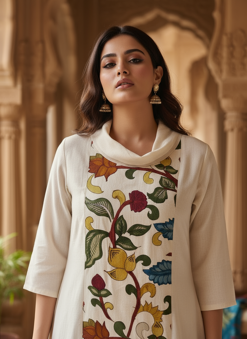 Ivory Kurti with Cowl Neck and Front Panel