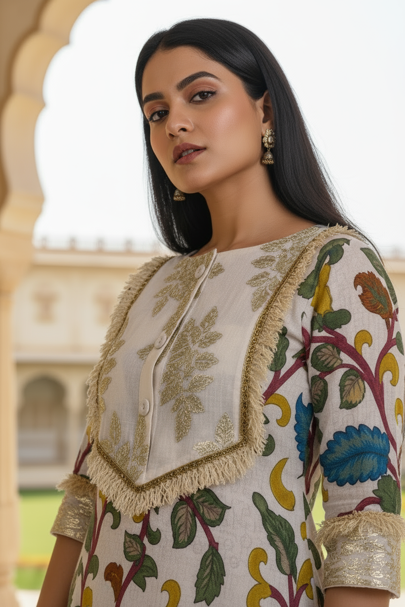 Kalamkari Print Dress With Silver Patti Appliqué.