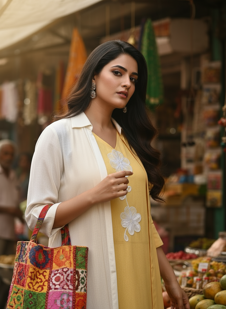 Mustard Cotton Dress with White Embroidered Overlay