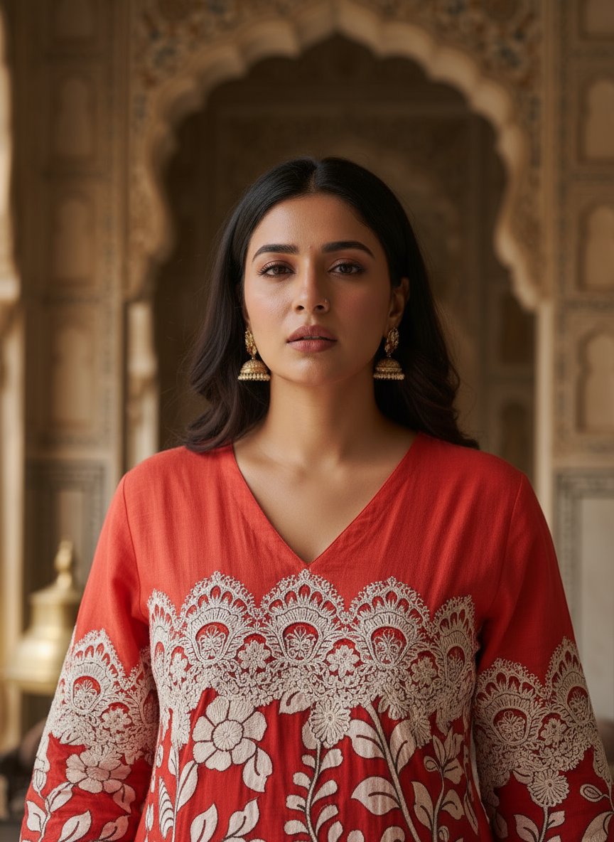 Red Scarlet Blossom Kurti