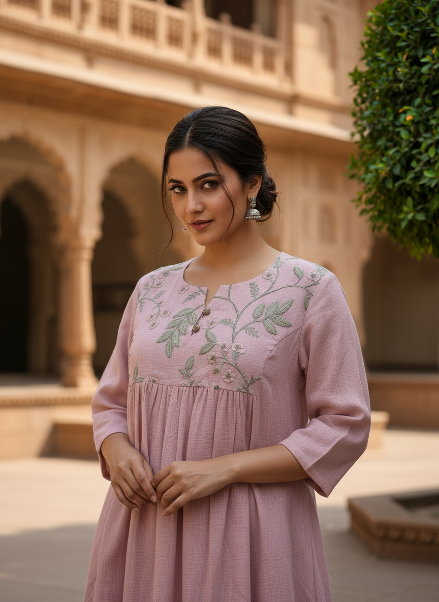 Lilac Organza Dress With Yoke Embroidery