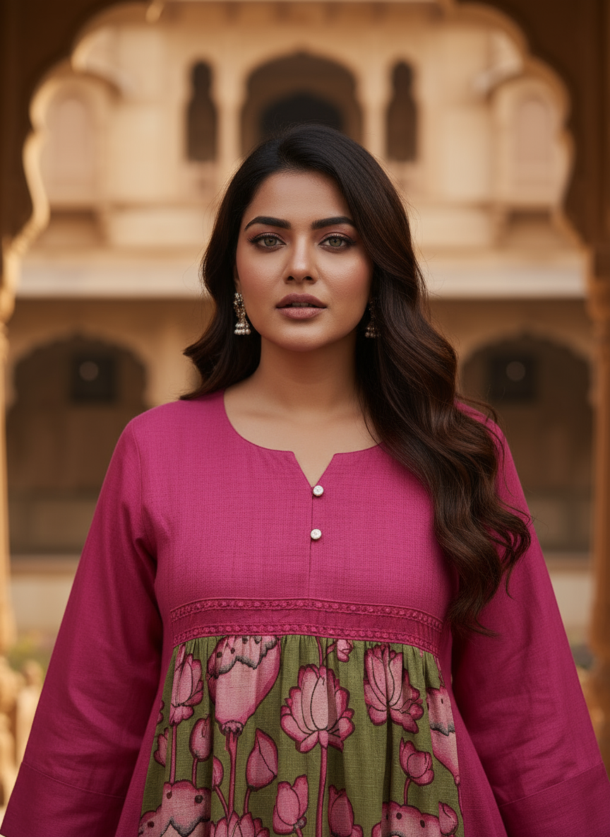 Magenta Dress With Olive Green Kalamkari