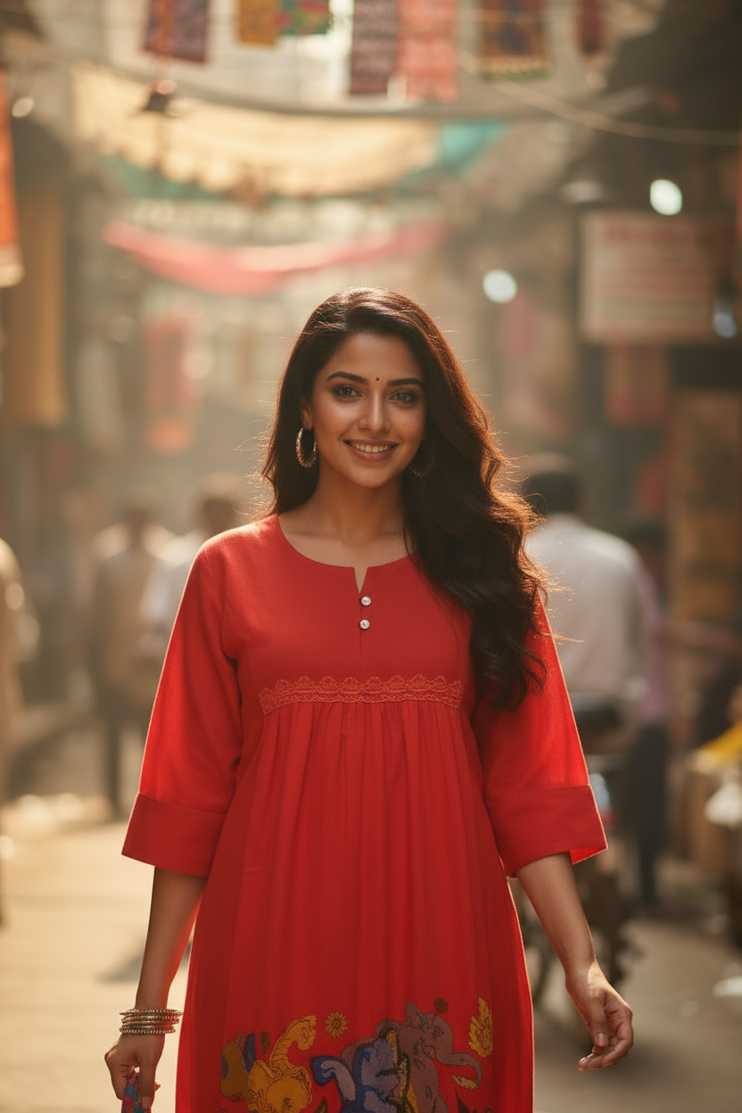 Red Floral Printed Kurti with Lace Detailing