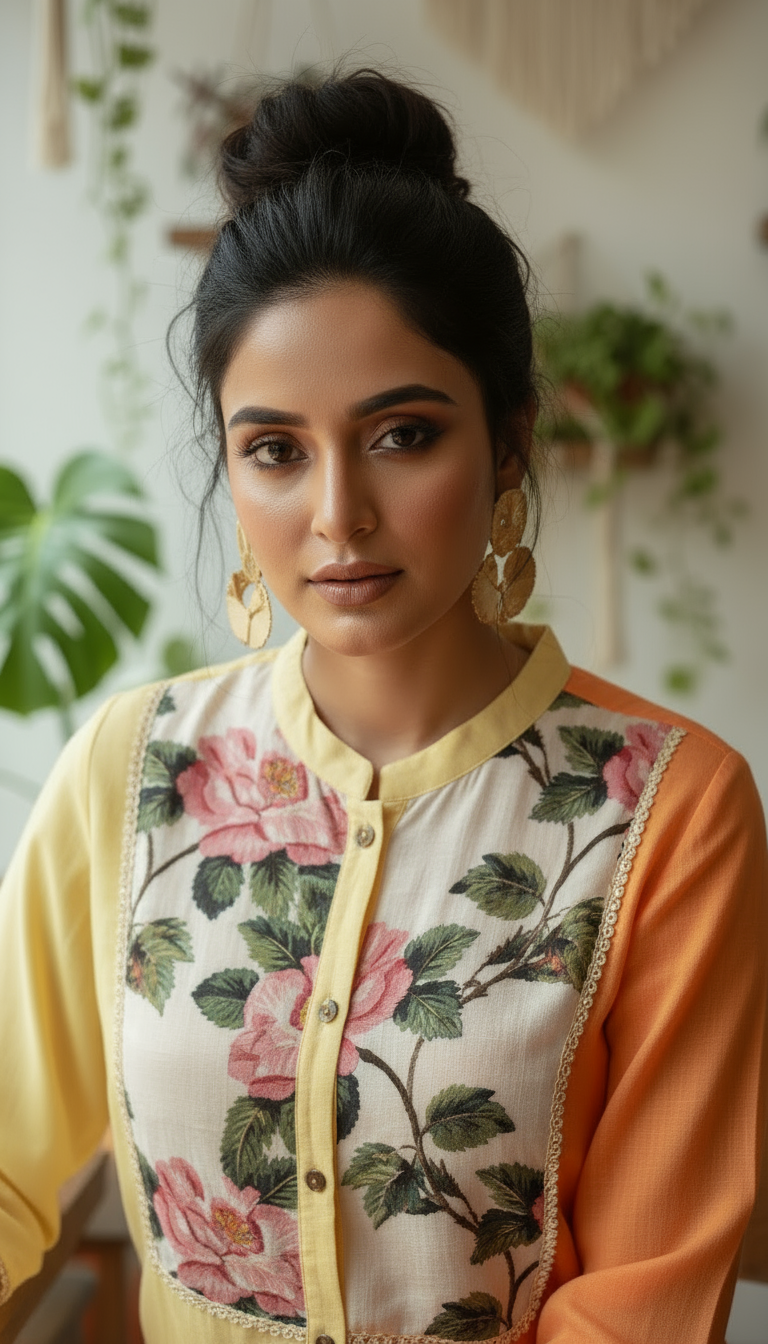 Dual Tone Yellow-Orange Cotton Kurti with Floral Embroidery