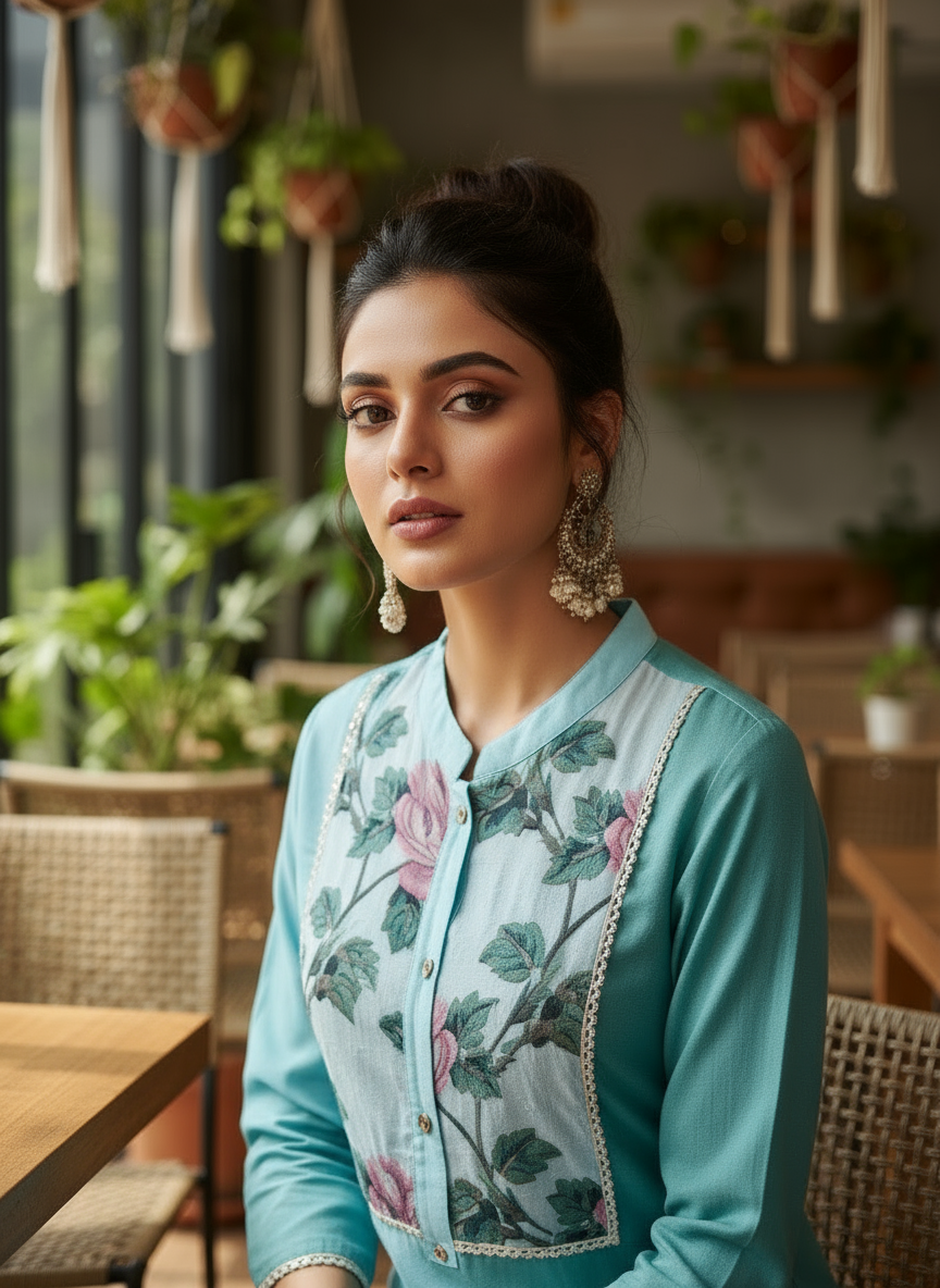 Aqua Green Dual-Tone Cotton Kurti with Floral Embroidered Yoke