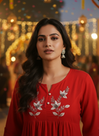 Red Embroidered A-Line Kurti with Elegant Floral Detailing