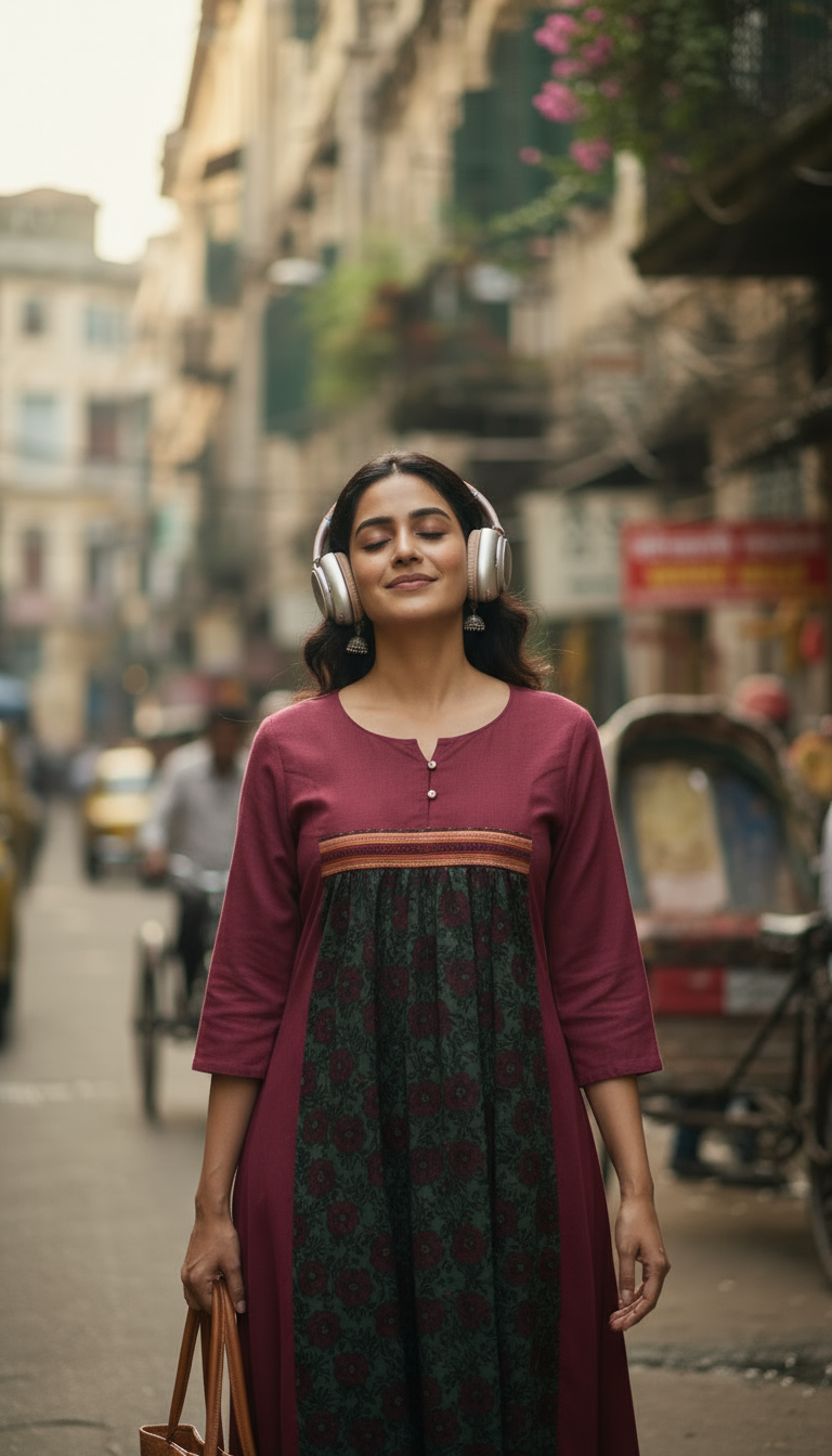 Maroon & Green Printed Panel Kurti