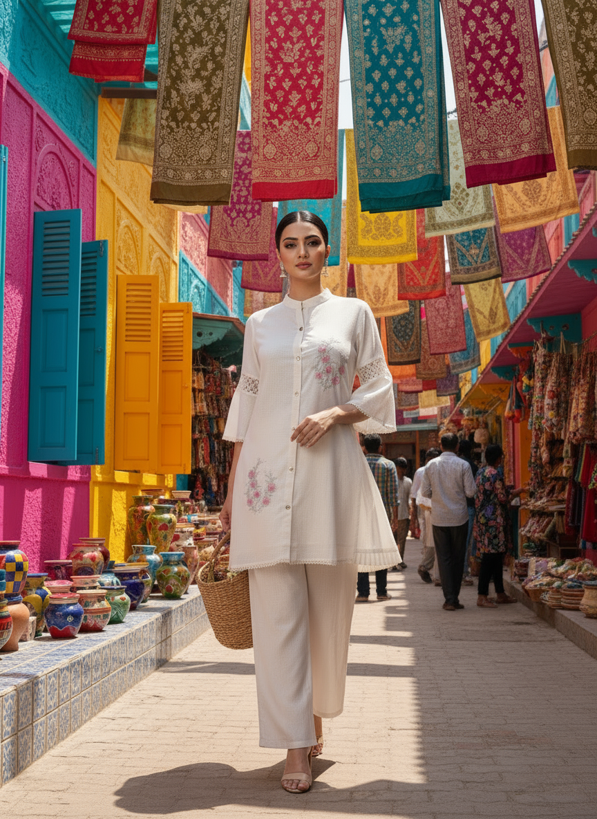Elegant Ivory Tunic with Floral Embroidery