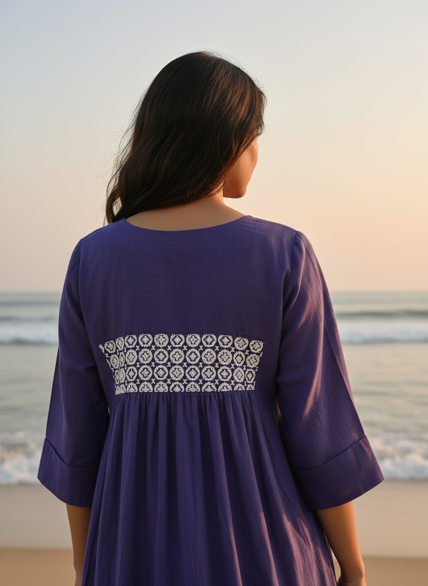 Cotton Dress with Hand-Painted Kalamkari Yoke