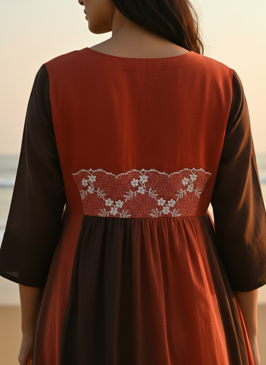 Ombré Cotton Dress with Hand-Painted Kalamkari Yoke