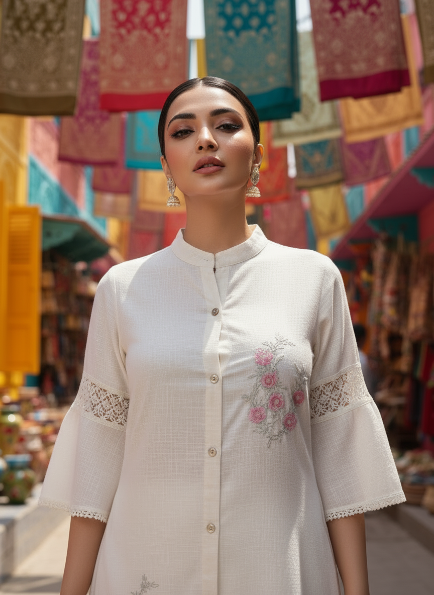Elegant Ivory Tunic with Floral Embroidery