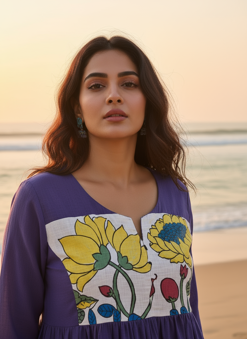 Cotton Dress with Hand-Painted Kalamkari Yoke