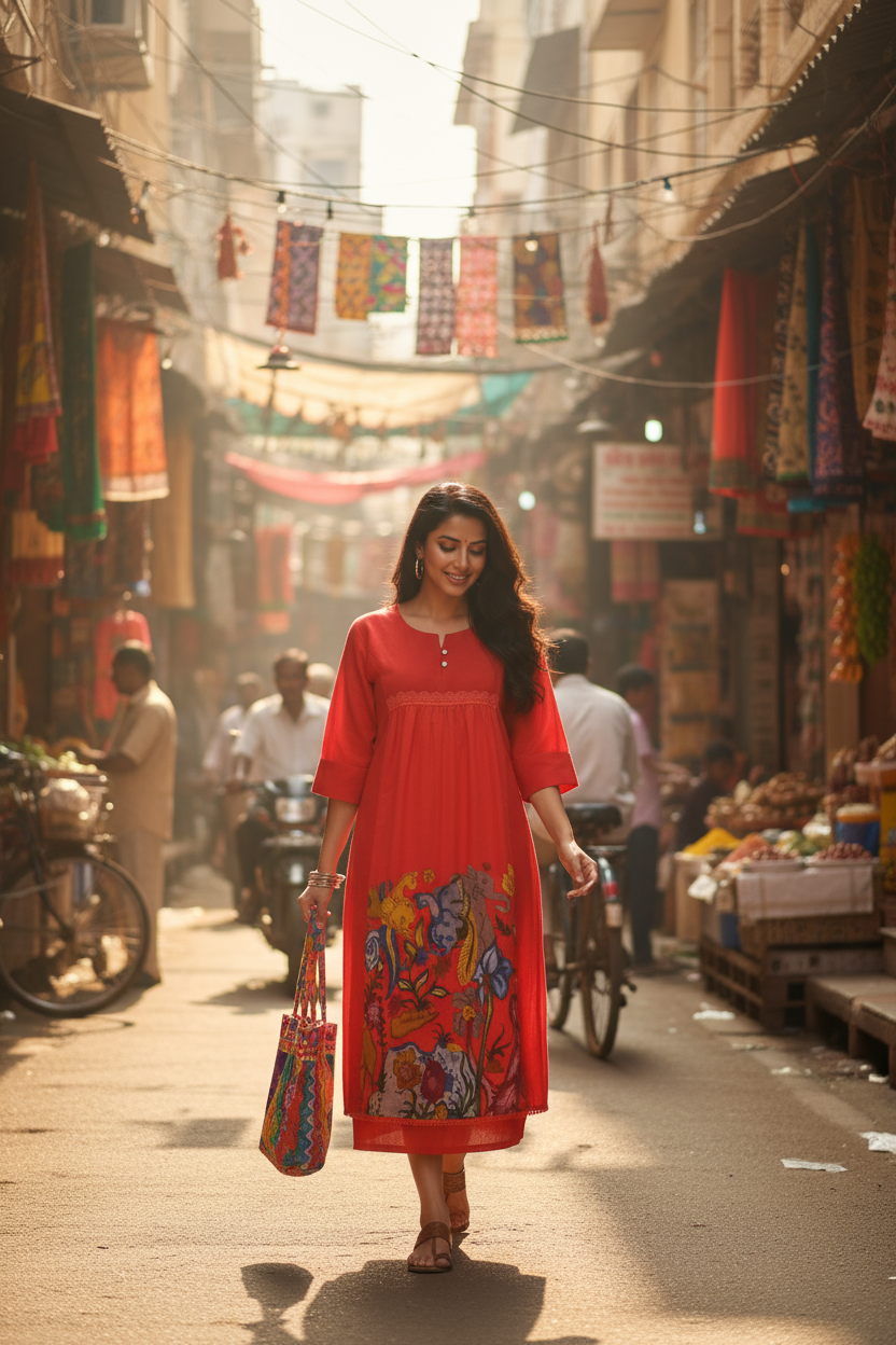 Red Floral Printed Kurti with Lace Detailing